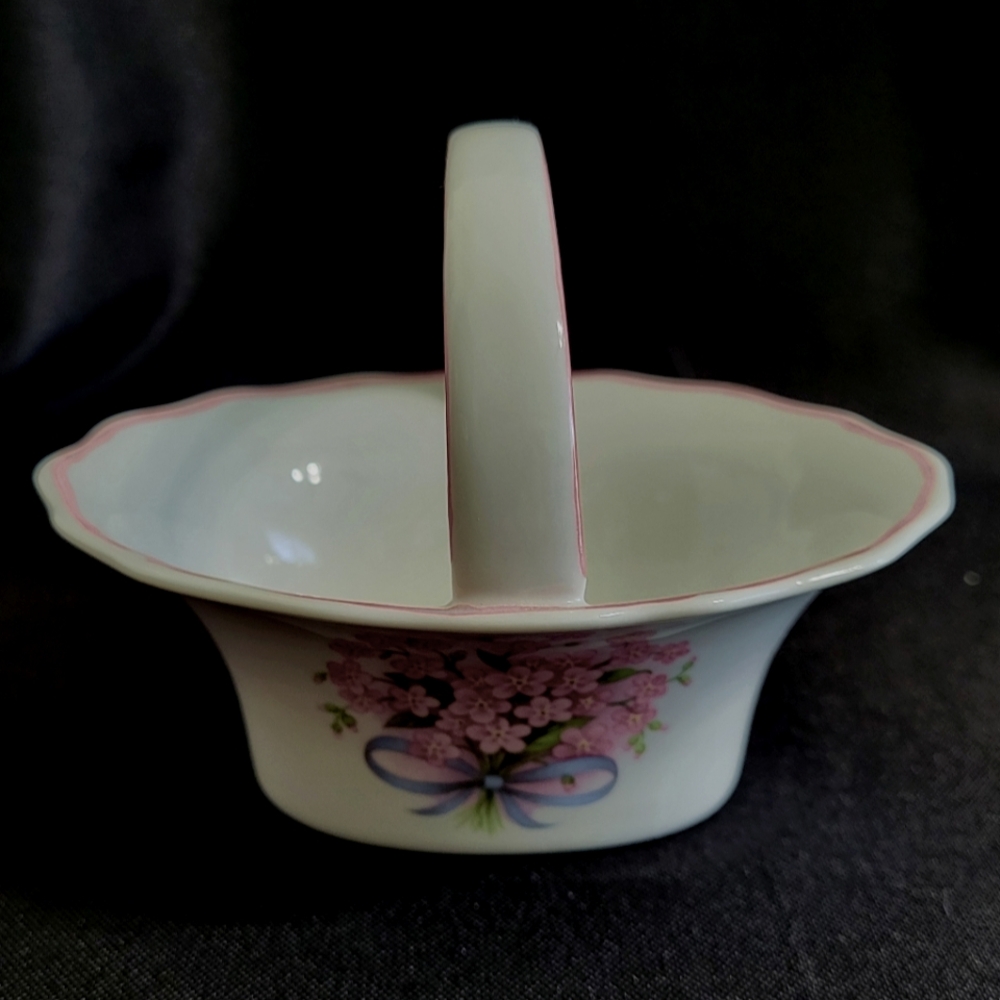 Vintage KM Bavaria Porcelain Floral Basket Trinket Dish Pink Flowers Blue Ribbon